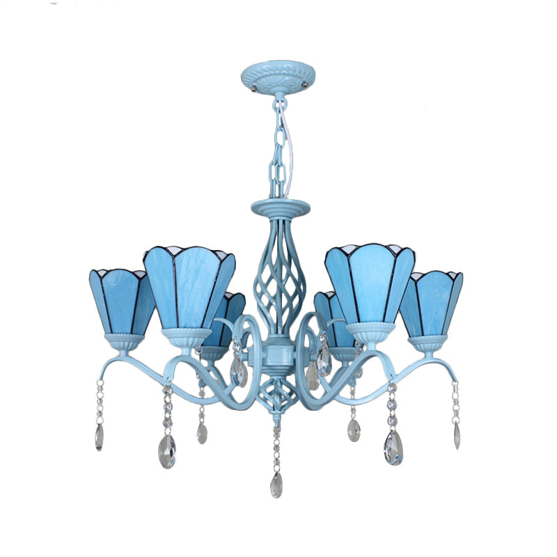 Tiffany Style Cone Pendant Light With Adjustable Chain In White/Blue/Clear Stained Glass - Perfect