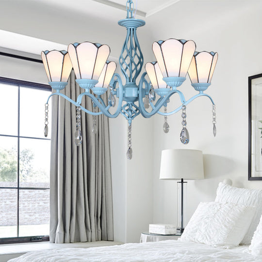 Tiffany Style Cone Pendant Light With Adjustable Chain In White/Blue/Clear Stained Glass - Perfect