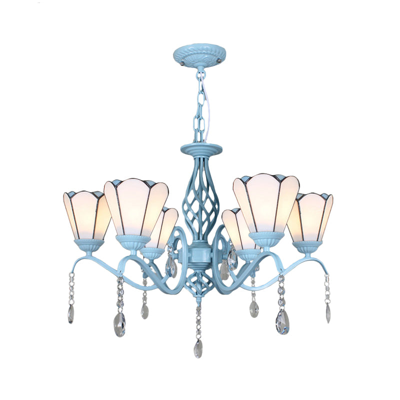 Tiffany Style Cone Pendant Light With Adjustable Chain In White/Blue/Clear Stained Glass - Perfect