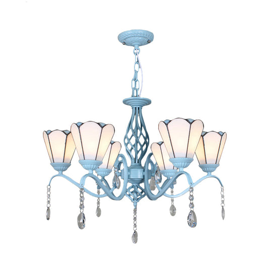 Tiffany Style Cone Pendant Light With Adjustable Chain In White/Blue/Clear Stained Glass - Perfect