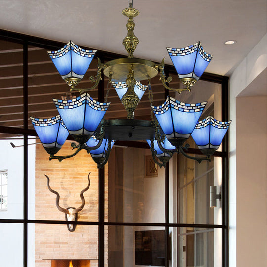 Nautical Pyramid Pendant Lamp - 2-Tier Blue Glass Chandelier with Metal Chain (9 Lights) in Blue