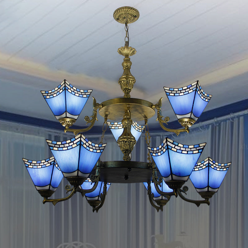 Nautical Pyramid Pendant Lamp - 2-Tier Blue Glass Chandelier with Metal Chain (9 Lights) in Blue