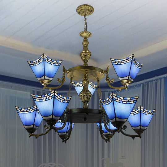 Nautical Pyramid Pendant Lamp - 2-Tier Blue Glass Chandelier with Metal Chain (9 Lights) in Blue