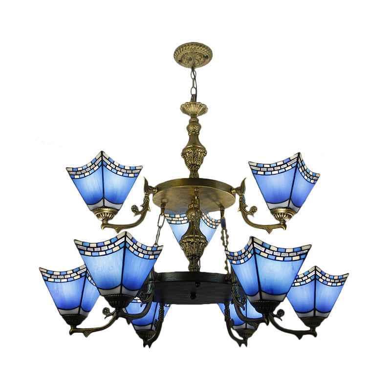 Nautical Pyramid Pendant Lamp - 2-Tier Blue Glass Chandelier with Metal Chain (9 Lights) in Blue