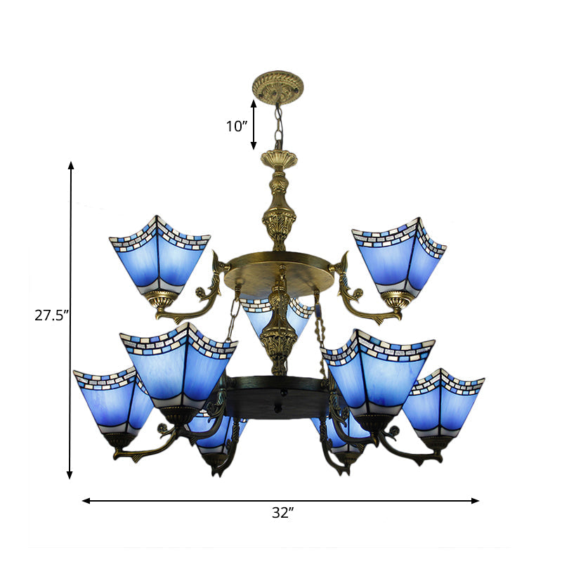 Nautical Blue Glass 2-Tier Pyramid Pendant Lamp With Metal Chain - 9-Light Chandelier