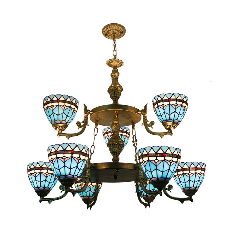 Blue Stained Glass Bowl Chandelier Light - 9-Light Baroque Ceiling Fixture For Hallway