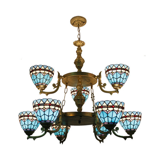 Blue Stained Glass Bowl Chandelier Light - 9-Light Baroque Ceiling Fixture For Hallway