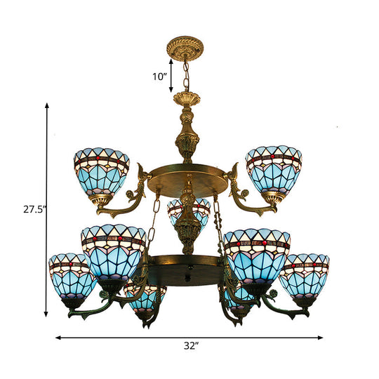 Blue Stained Glass Bowl Chandelier Light - 9-Light Baroque Ceiling Fixture For Hallway