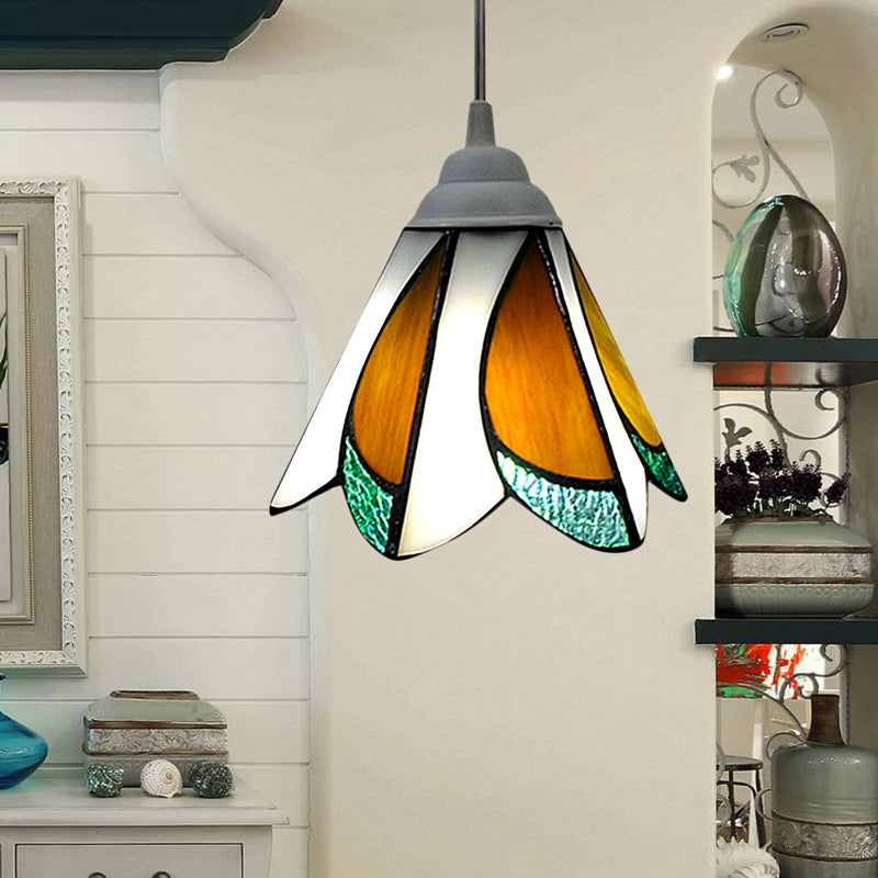 Tiffany-Style Floral Pendulum Light In Blue/Green - Handcrafted Art Glass Suspension Lamp For Foyer