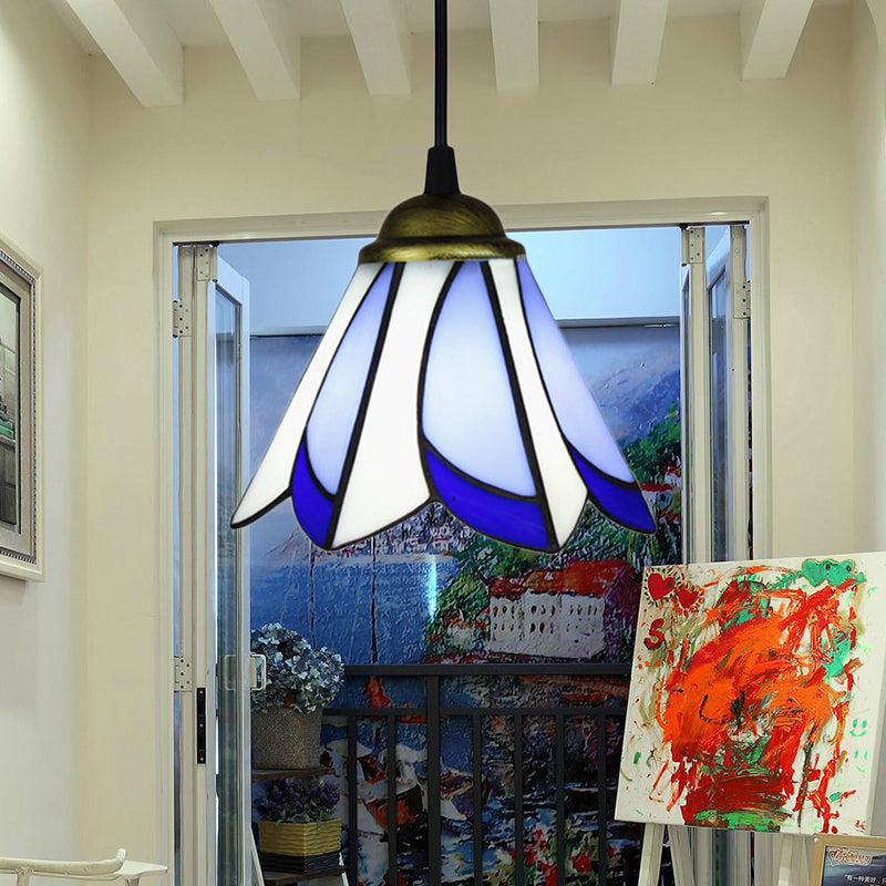 Tiffany-Style Floral Pendulum Light In Blue/Green - Handcrafted Art Glass Suspension Lamp For Foyer