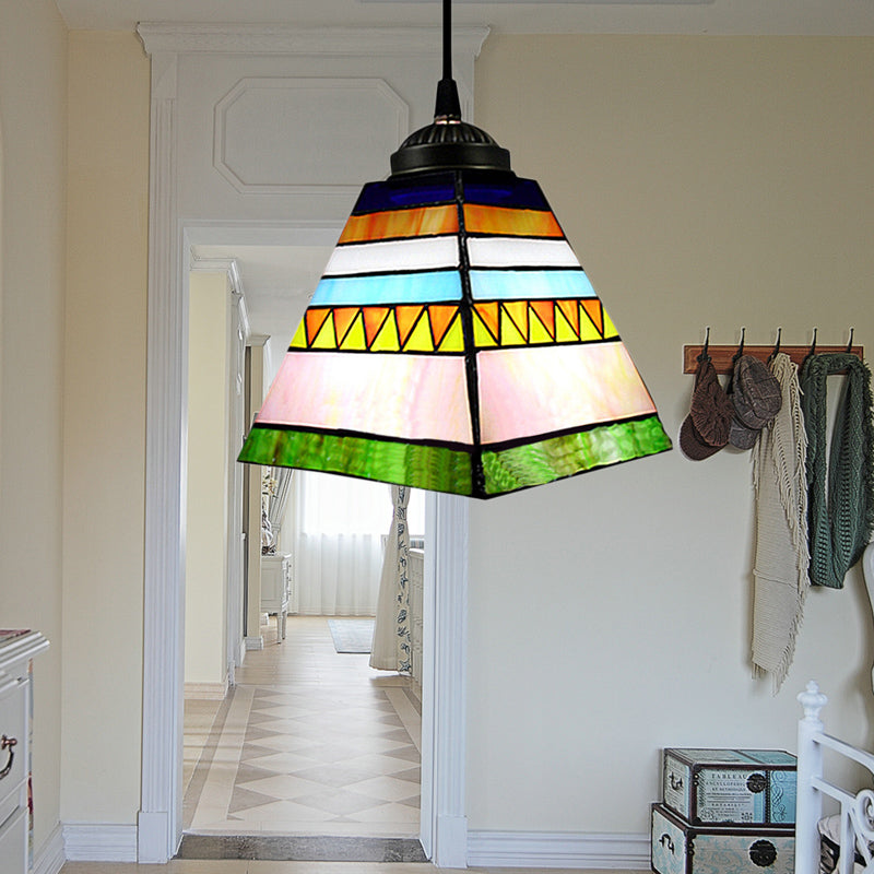 Tiffany Stained Glass Hanging Pendant Light - Yellow/Pink Pyramid Design