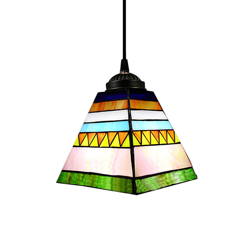 Tiffany Stained Glass Hanging Pendant Light - Yellow/Pink Pyramid Design