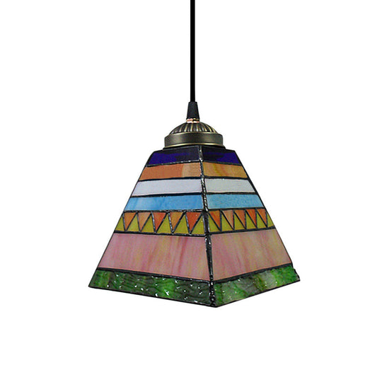 Tiffany Stained Glass Hanging Pendant Light Yellow/Pink Pyramid Design 1 Bulb Ceiling Fixture For