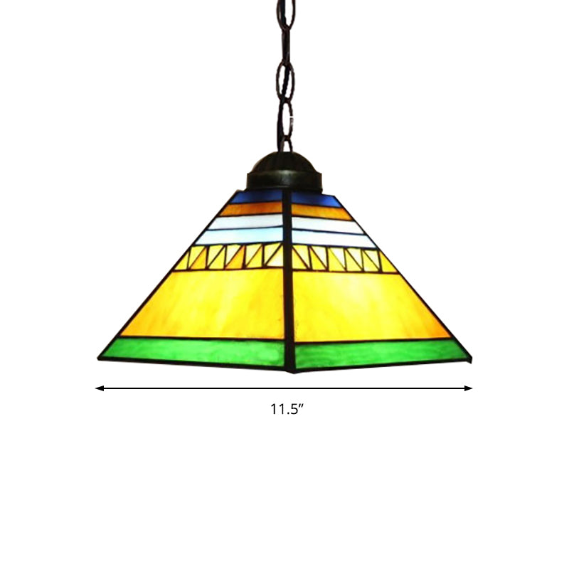 Tiffany Stained Glass Hanging Pendant Light Yellow/Pink Pyramid Design 1 Bulb Ceiling Fixture For