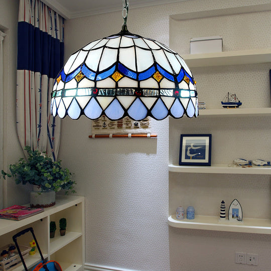 Blue Stained Glass Tiffany Hanging Light With Domed Shade - Traditional Living Room Suspension