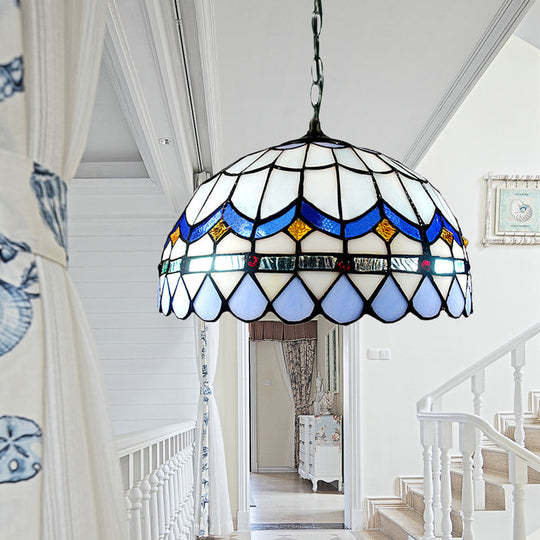 Traditional Tiffany Blue Stained Glass Living Room Suspension Light with Domed Shade