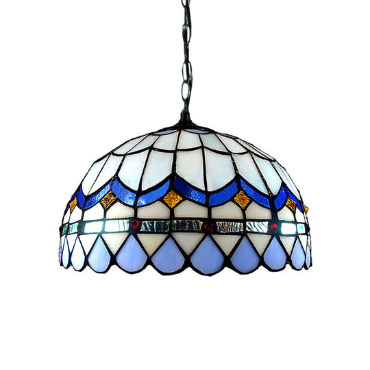 Blue Stained Glass Tiffany Hanging Light With Domed Shade - Traditional Living Room Suspension