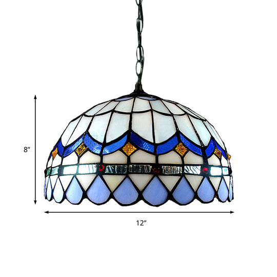 Traditional Tiffany Blue Stained Glass Living Room Suspension Light with Domed Shade