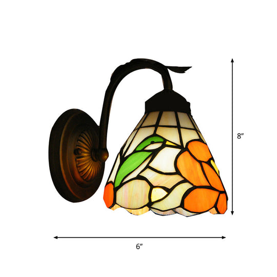 Tiffany Blossom Wall Light With Bird Stained Glass - Rustic 1-Head Orange Lamp For Dining Room