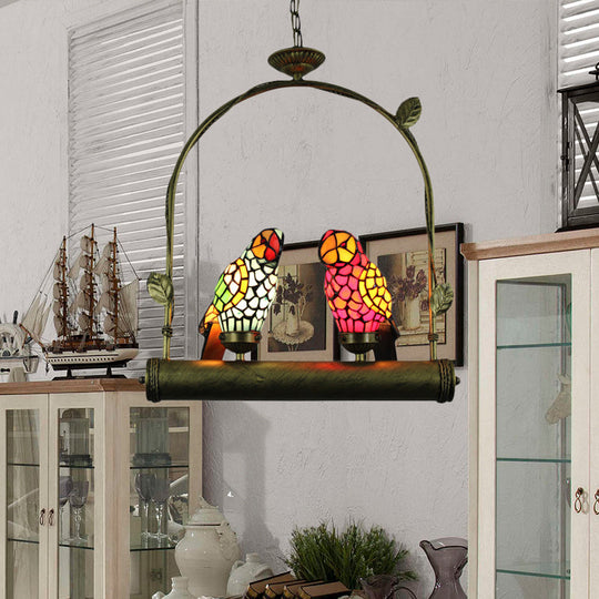 Tiffany Style Parrot Ceiling Light with Swing Perch - Blue/Pink & Red/Yellow Stainless Glass Hanging Lamp (2 Lights)