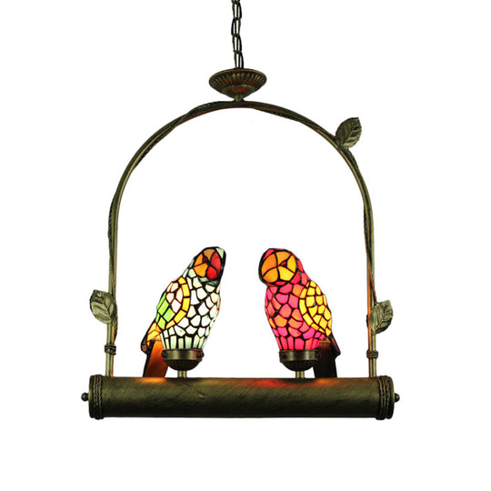 Tiffany Style Parrot Ceiling Light with Swing Perch - Blue/Pink & Red/Yellow Stainless Glass Hanging Lamp (2 Lights)