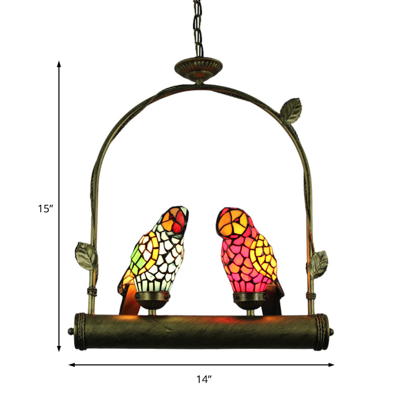 Tiffany Style Parrot Ceiling Light with Swing Perch - Blue/Pink & Red/Yellow Stainless Glass Hanging Lamp (2 Lights)