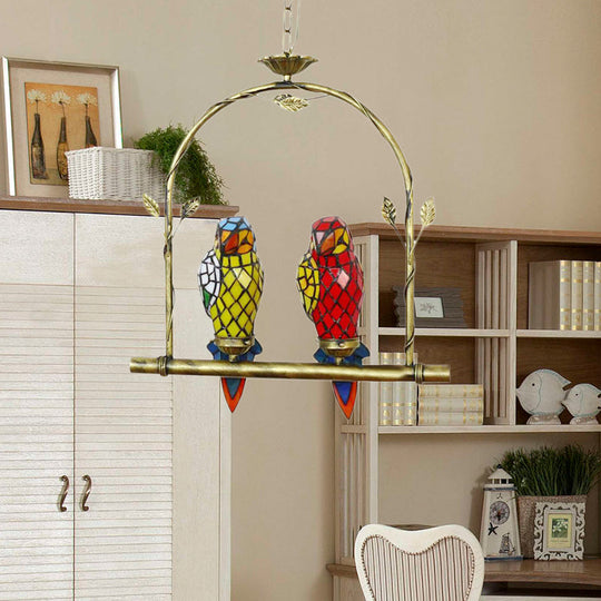 Tiffany Style Parrot Ceiling Light with Swing Perch - Blue/Pink & Red/Yellow Stainless Glass Hanging Lamp (2 Lights)