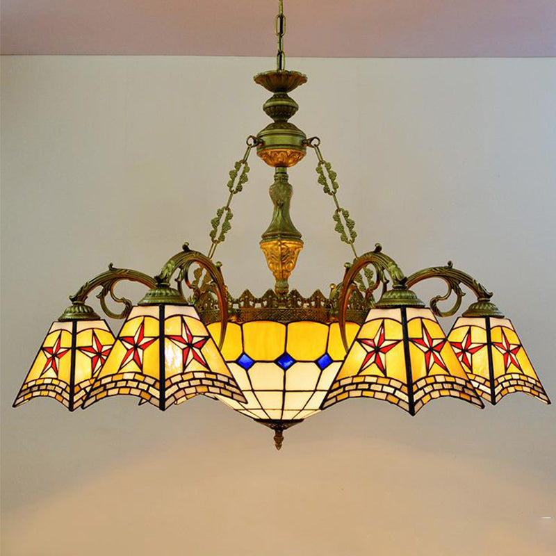 Antique Tiffany Stained Glass Chandelier with Yellow Pendant Light for Hotels