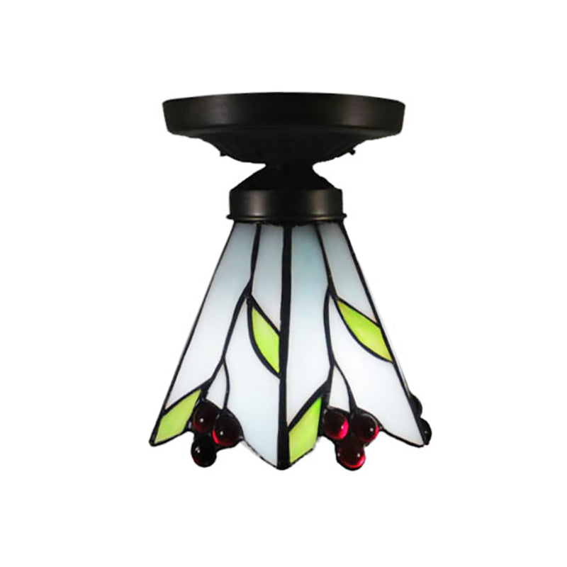 Cafe Leaf and Flower Stained Glass Ceiling Mount Light - Tiffany Rustic White Fixture