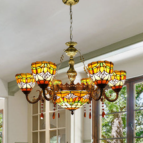 Rustic Orange Tiffany Chandelier with Flower Stained Glass and Agate Pendant for Living Room