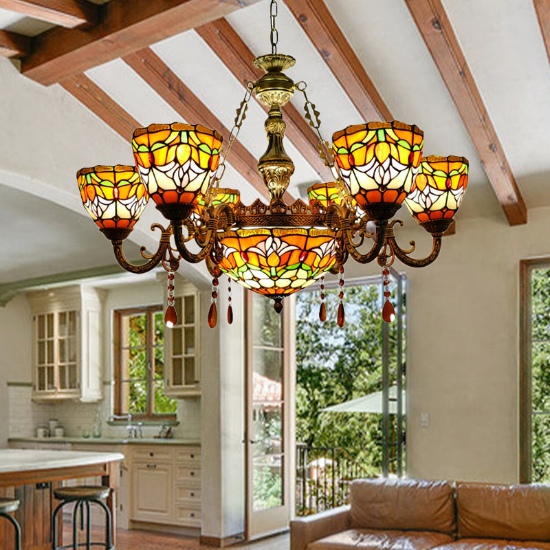 Rustic Orange Tiffany Chandelier with Flower Stained Glass and Agate Pendant for Living Room