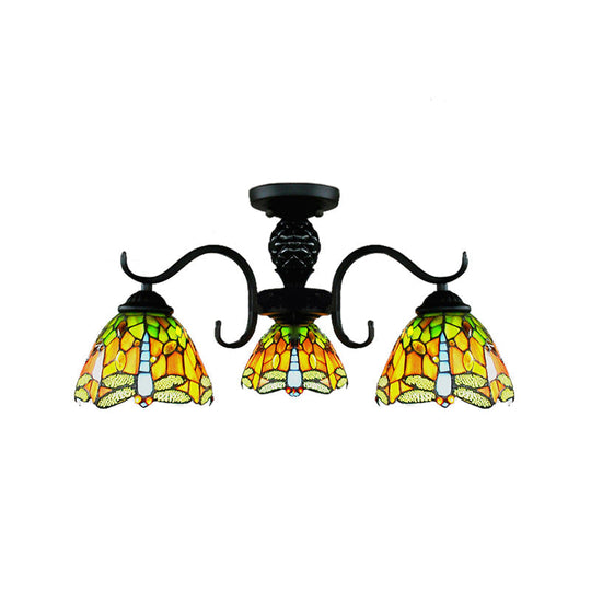 Rustic Orange Dragonfly Chandelier - 3 Stained Glass Pendant Lights for Villas