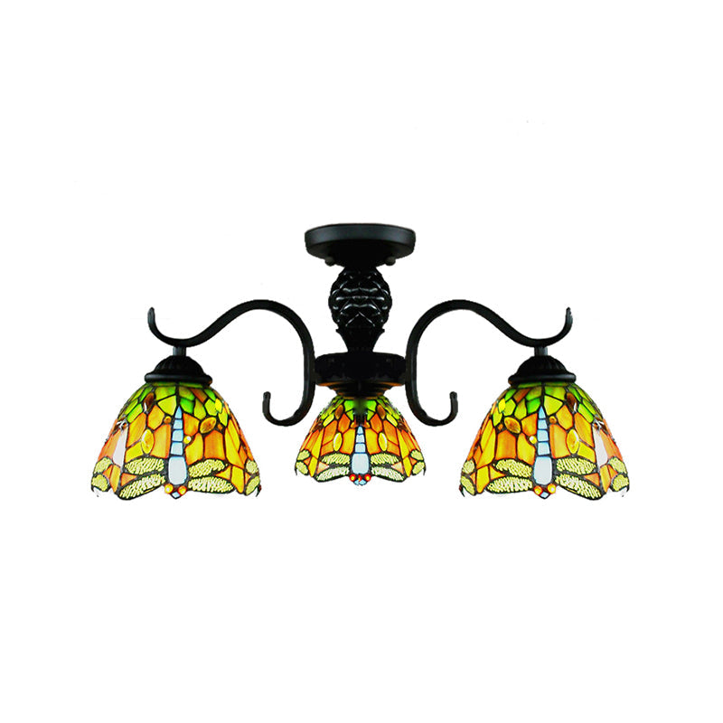 Rustic Tiffany Dragonfly Chandelier - 3 Light Stained Glass Pendant In Orange For Villa