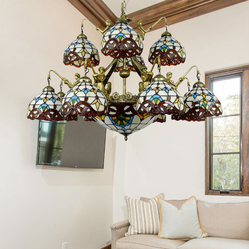 Brown Tiffany Cut Glass Chandelier With Mermaid Design - 15-Light Pendant Lamp For Living Room