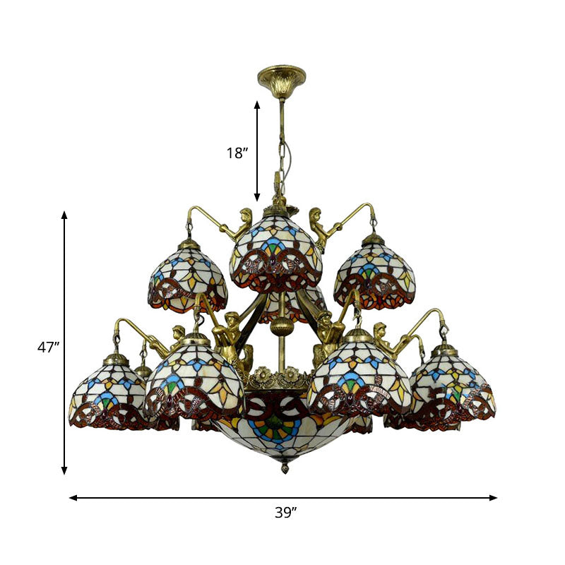 Brown Mermaid Design Chandelier Pendant Lamp with Tiffany Cut Glass Dome for Living Room - 15 Lights