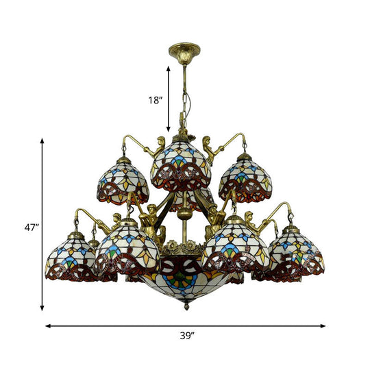 Brown Tiffany Cut Glass Chandelier With Mermaid Design - 15-Light Pendant Lamp For Living Room