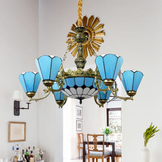 Blue Antique Tiffany Chandelier: 9/7-Light Cone Hanging Light with Center Dome for Lobby