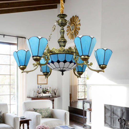 Blue Antique Tiffany Chandelier: 9/7-Light Cone Hanging Light with Center Dome for Lobby