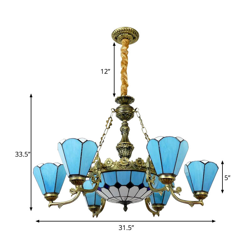 Blue Antique Tiffany Chandelier: 9/7-Light Cone Hanging Light with Center Dome for Lobby