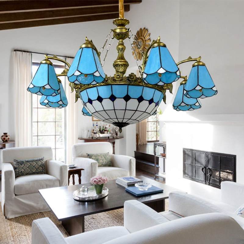 Blue Antique Tiffany Chandelier: 9/7-Light Cone Hanging Light with Center Dome for Lobby