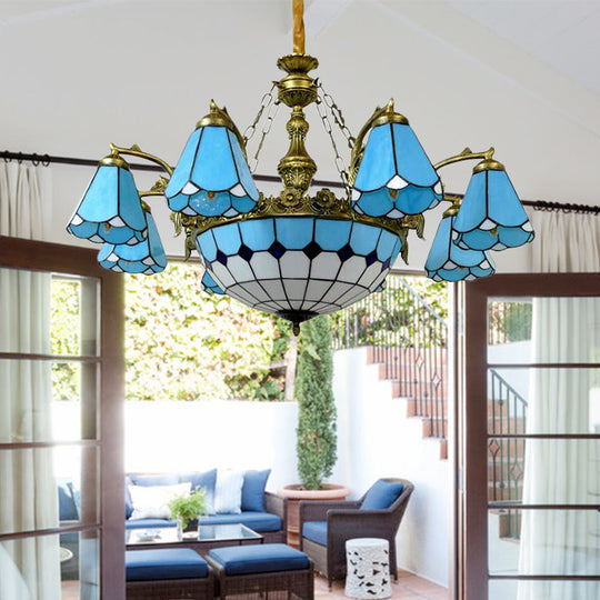 Blue Antique Tiffany Chandelier: 9/7-Light Cone Hanging Light with Center Dome for Lobby