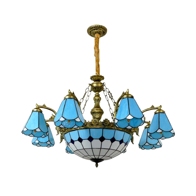 Blue Antique Tiffany Chandelier: 9/7-Light Cone Hanging Light with Center Dome for Lobby