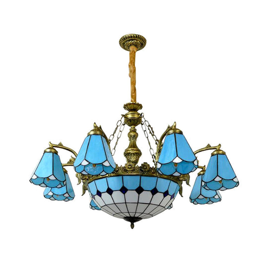 Antique Blue Tiffany Chandelier: 9/7-Light Cone Hanging Light With Center Dome For Lobby