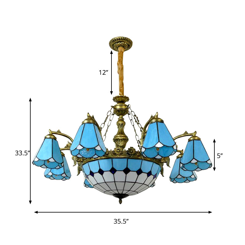 Blue Antique Tiffany Chandelier: 9/7-Light Cone Hanging Light with Center Dome for Lobby