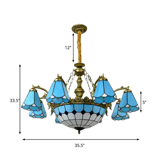 Antique Blue Tiffany Chandelier: 9/7-Light Cone Hanging Light With Center Dome For Lobby