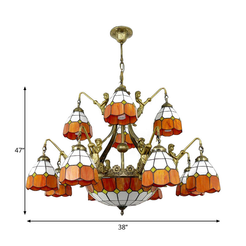 Vintage Art Glass Tiffany Chandelier - Orange Dome Hotel Lighting for Hallways