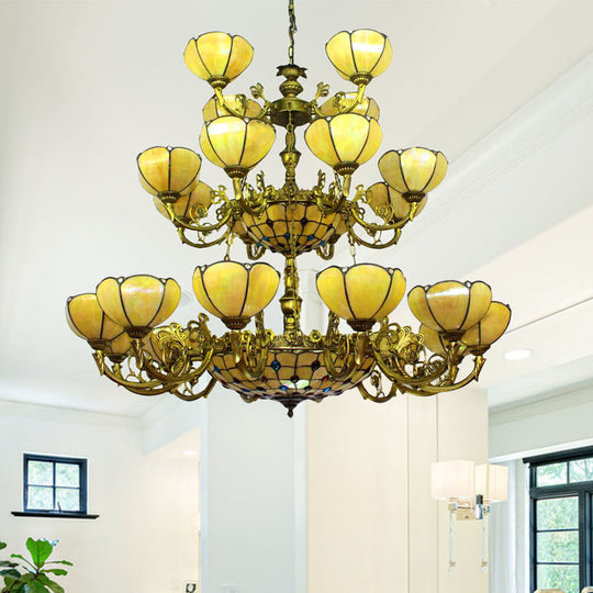 Yellow Tiffany Antique Hanging Light with Glass Dome Shade - Ideal for Villa or Hotel Chandelier (3-Tier)