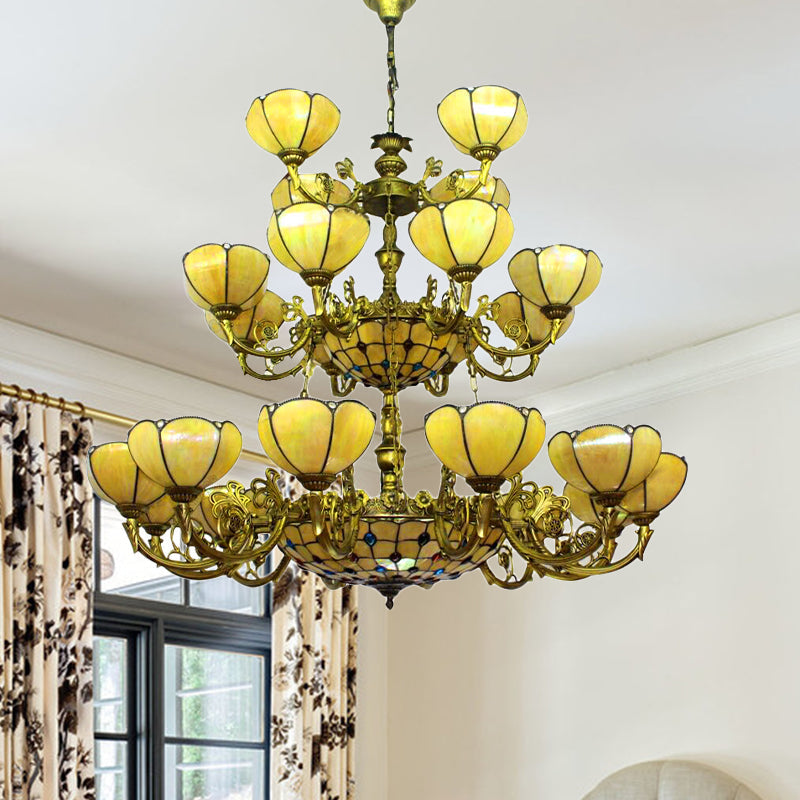 Yellow Tiffany Antique Hanging Light with Glass Dome Shade - Ideal for Villa or Hotel Chandelier (3-Tier)