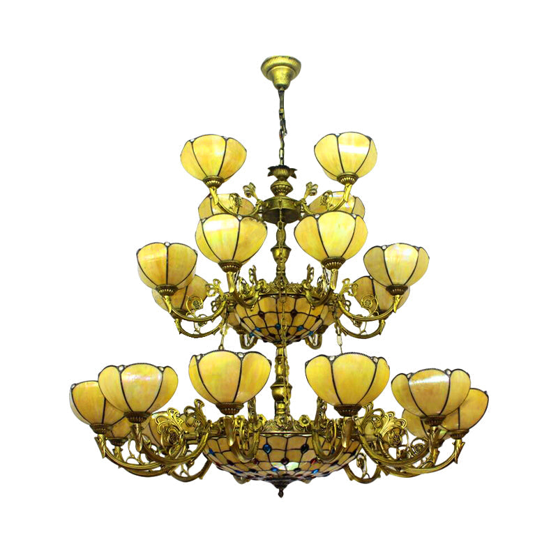 Yellow Tiffany Antique Hanging Light with Glass Dome Shade - Ideal for Villa or Hotel Chandelier (3-Tier)