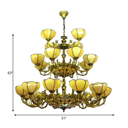 Yellow Tiffany Antique Hanging Light with Glass Dome Shade - Ideal for Villa or Hotel Chandelier (3-Tier)